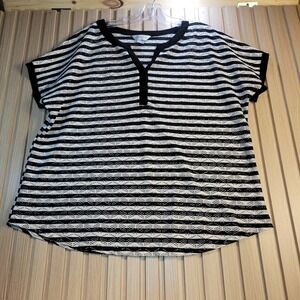 Christopher & Banks Womens XL Black White Striped Crochet Knit Split Neck Top